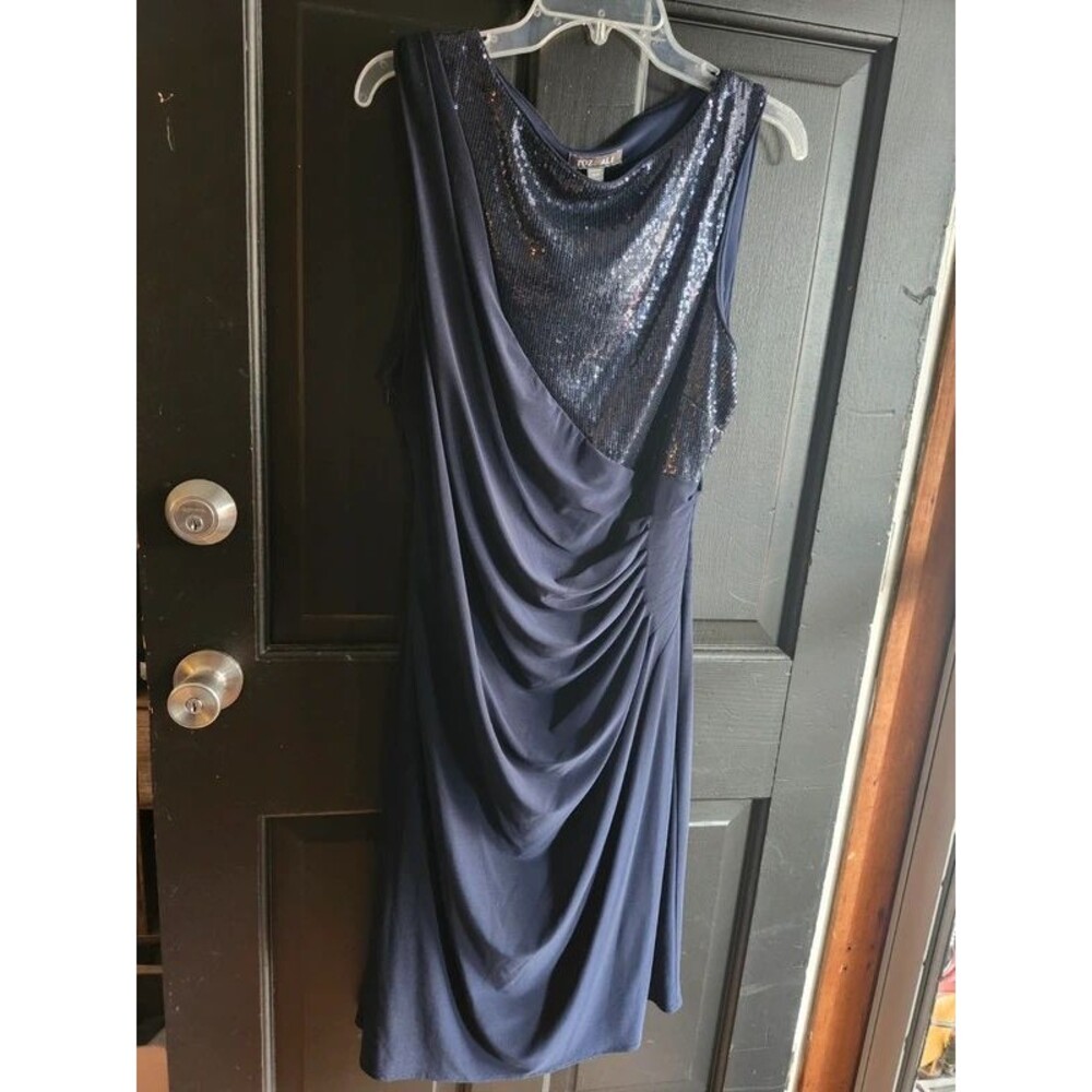 Roz & Ali Navy Blue Sequin Cocktail Dress Plus Size 16W Ruched Draped Sheath